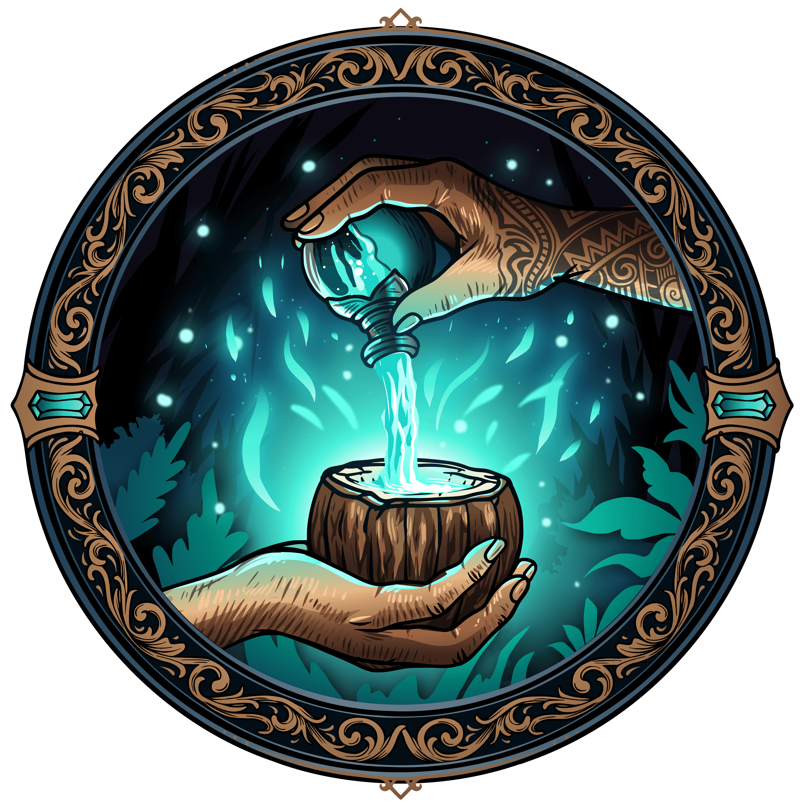House of Mana emblem — hands pouring glowing kava into a coconut shell